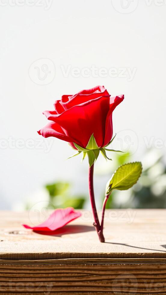 Single Red Rose with Delicate Petal on Wooden Surface photo