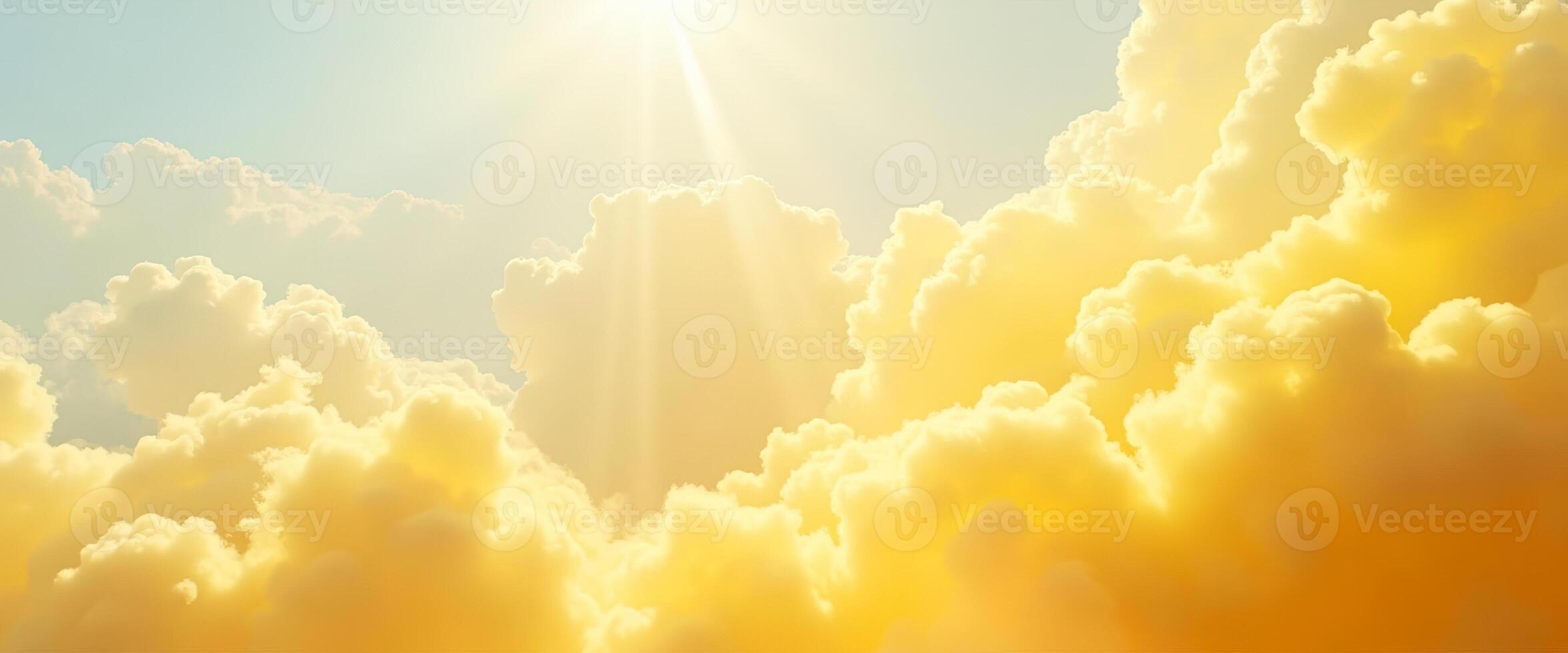 Golden Sky with Fluffy Clouds and Sun Rays photo