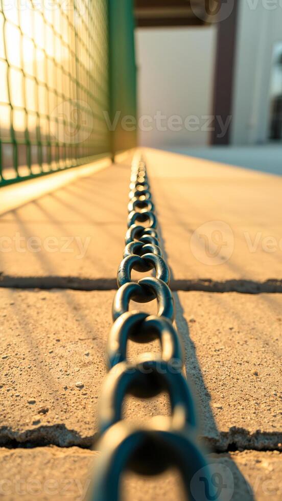 Chain on Pavement Leading Towards Sunlit Horizon photo