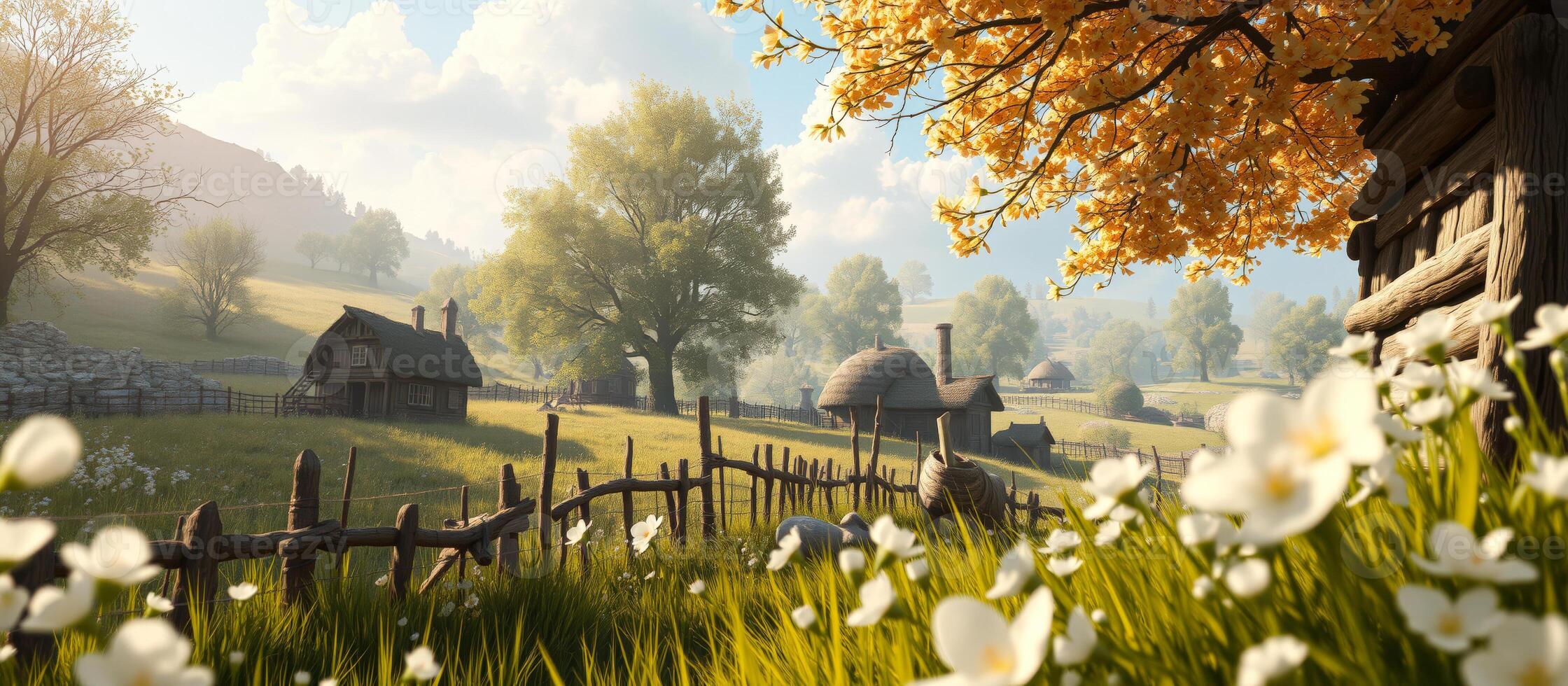 Tranquil Village in a Sunny Meadow photo
