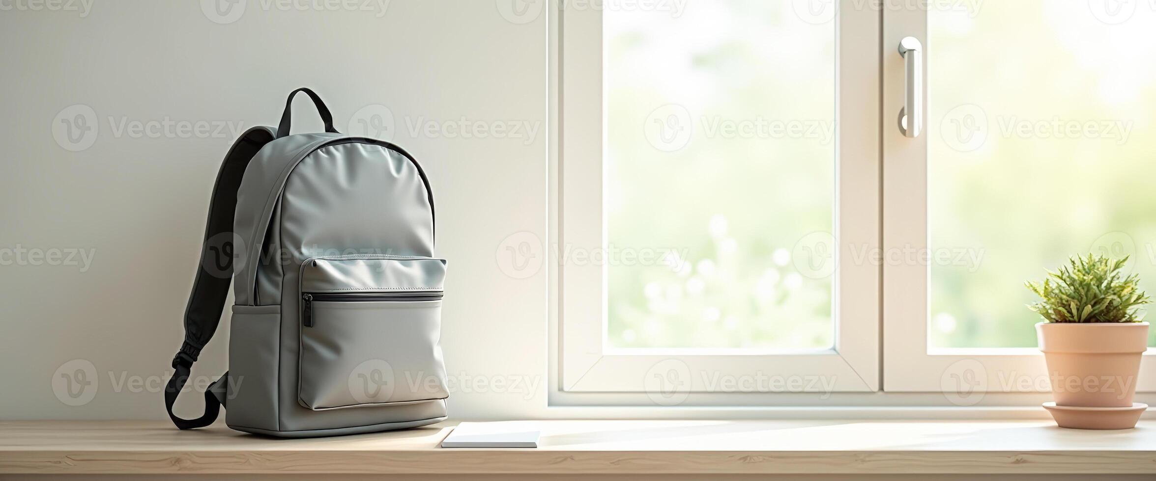 Grey Backpack on Windowsill with Notepad photo