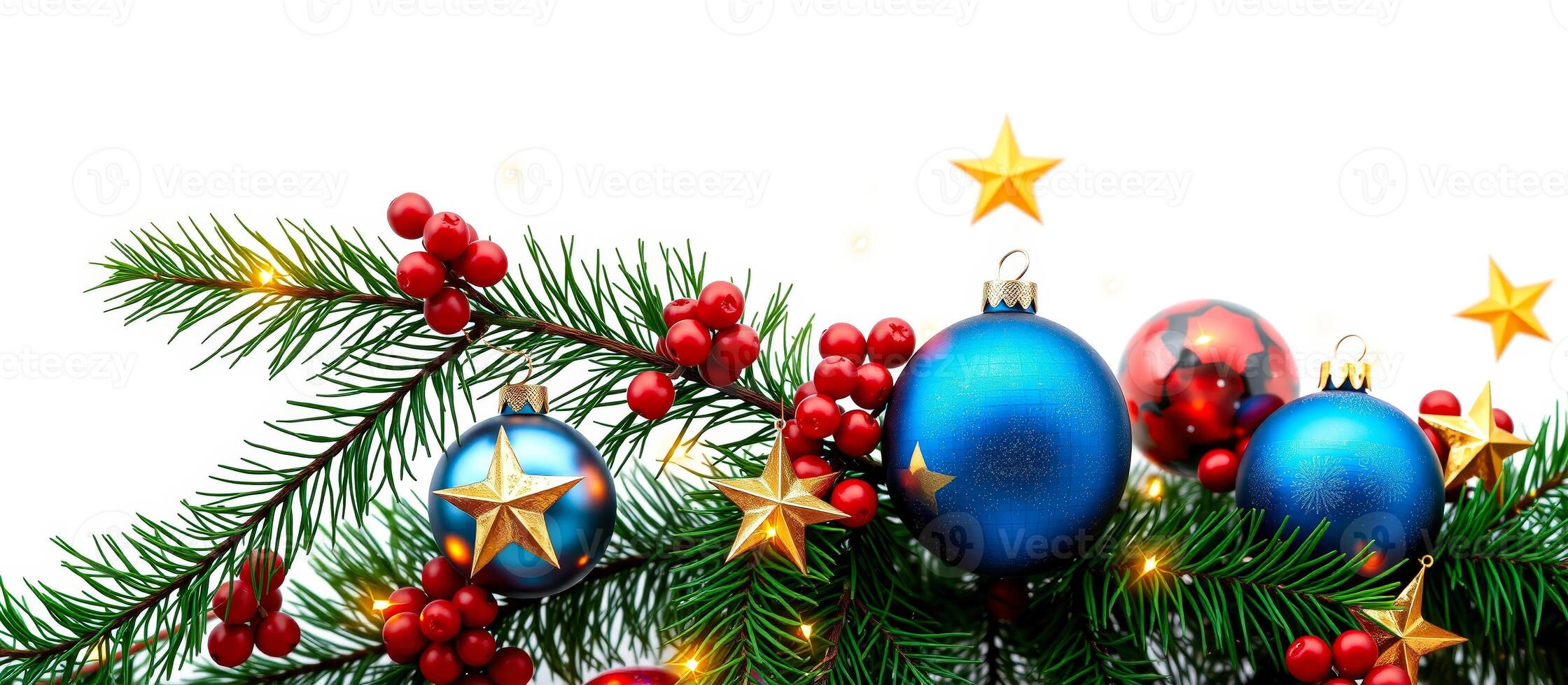 Blue Christmas Ornaments on Fir Branch with Red Berries and Golden Stars photo