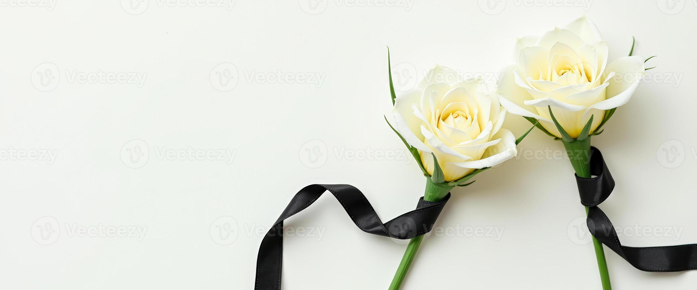 White Roses with Black Ribbon on White Background photo