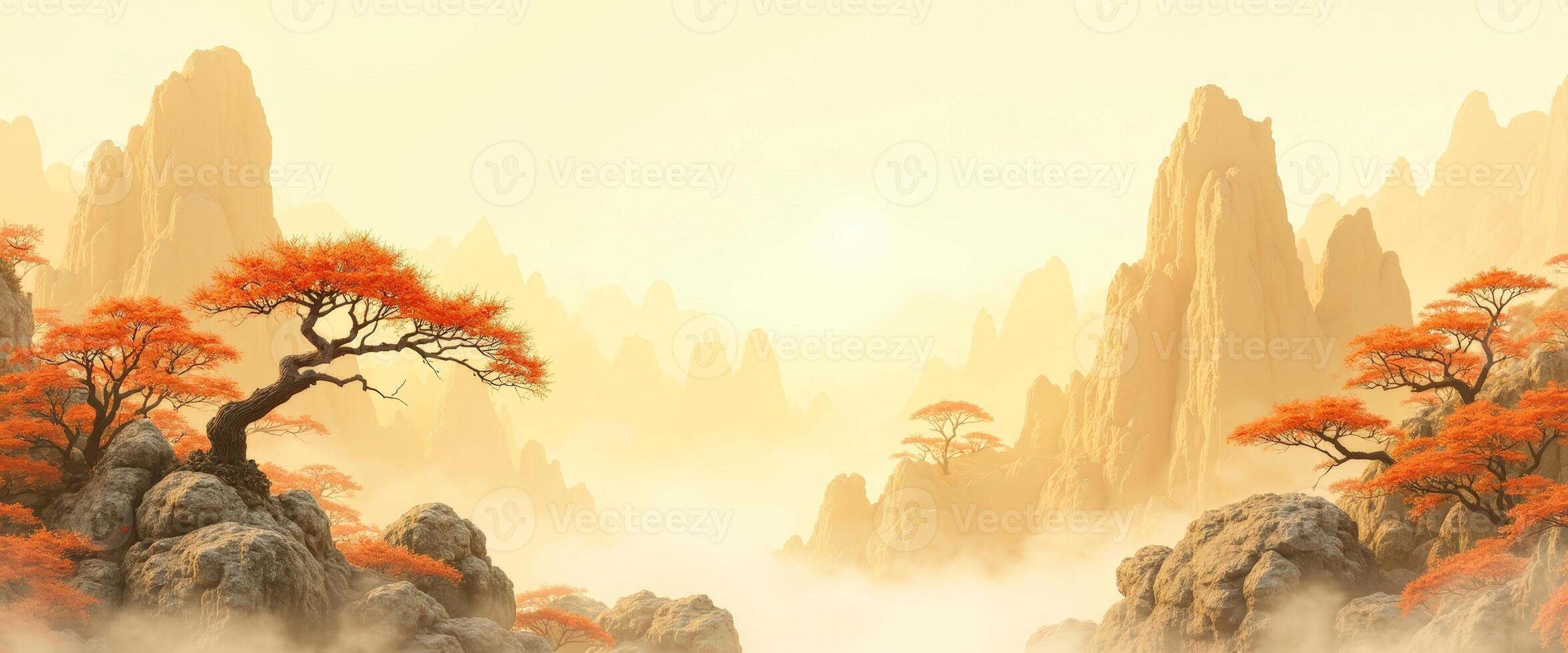 Misty Mountain Landscape with Red Trees photo