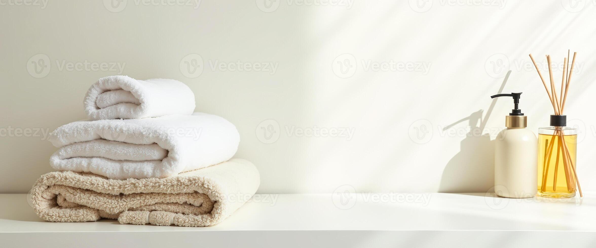 White Towels and Cream Scented Diffuser on a White Shelf photo
