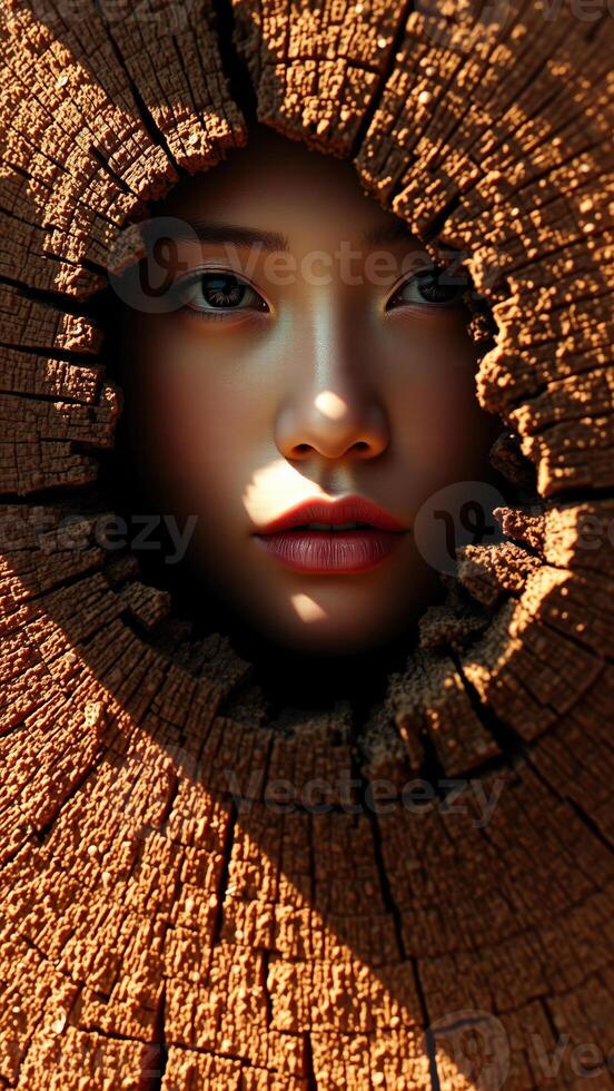 Woman's Face Peeking Through Tree Trunk Hole photo