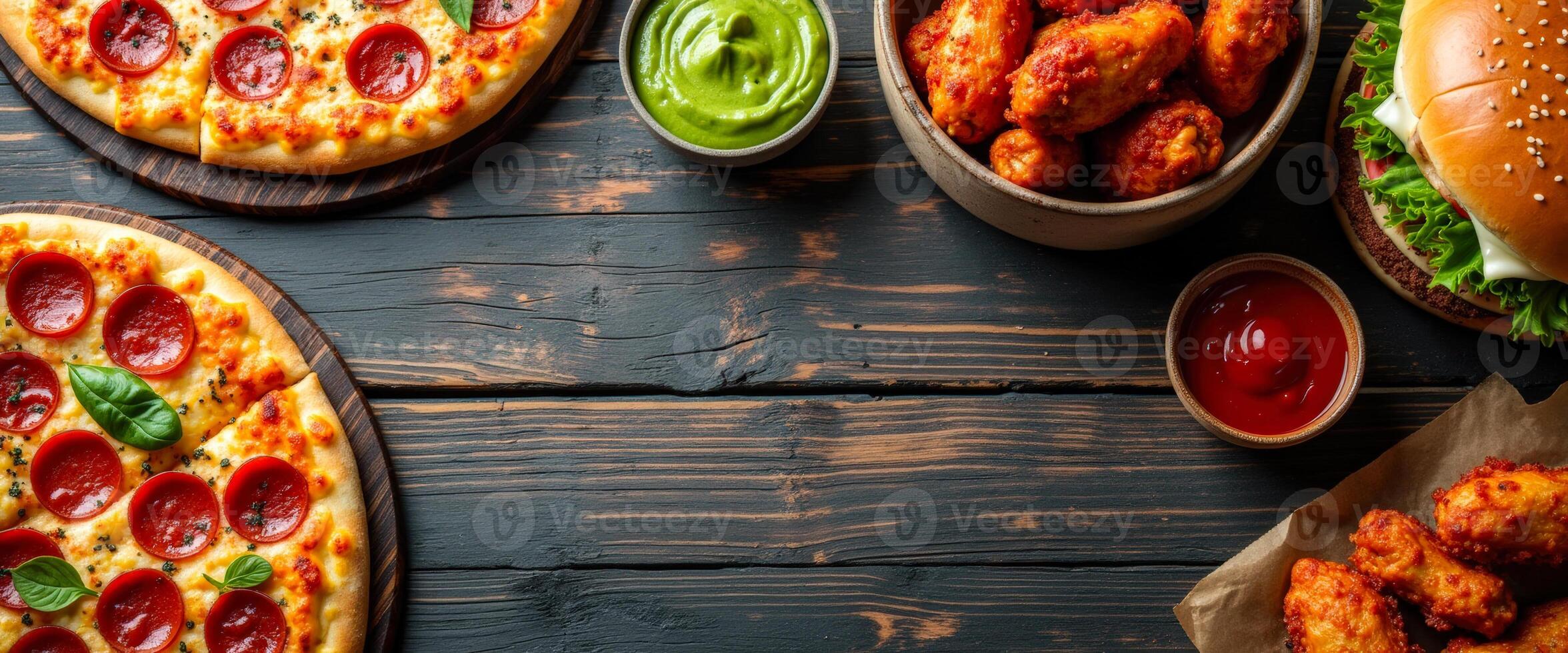 Pizza, Chicken Wings, and Burger on a Wooden Background photo