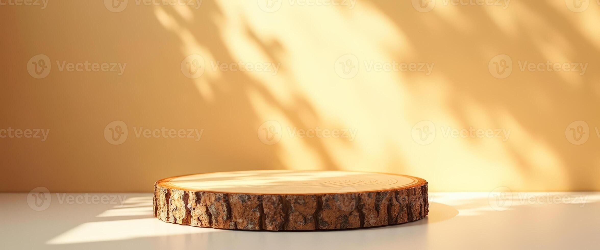 Wooden Round Slice on Beige Background with Light and Shadow photo