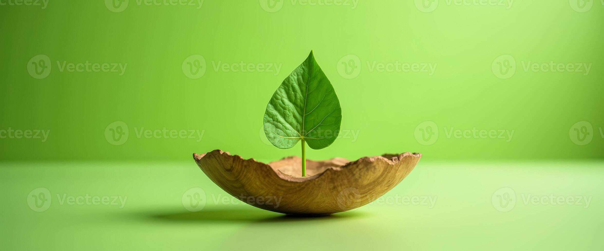 Green Leaf in Wooden Bowl on Green Background photo