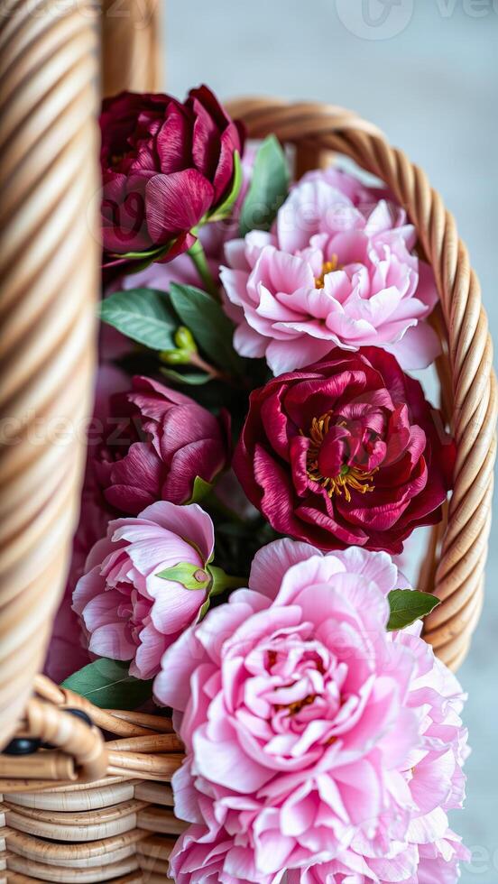 Pink and Burgundy Peonies in a Wicker Basket photo