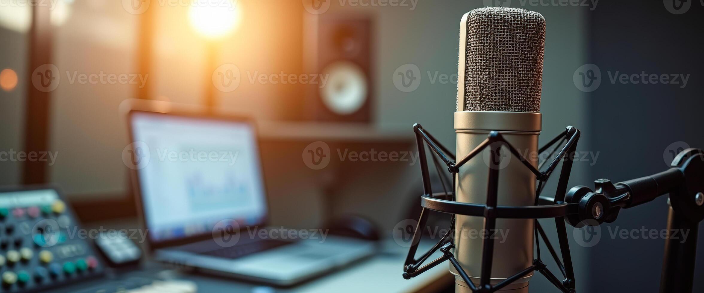 Professional Studio Microphone with Pop Filter and Laptop in Background photo