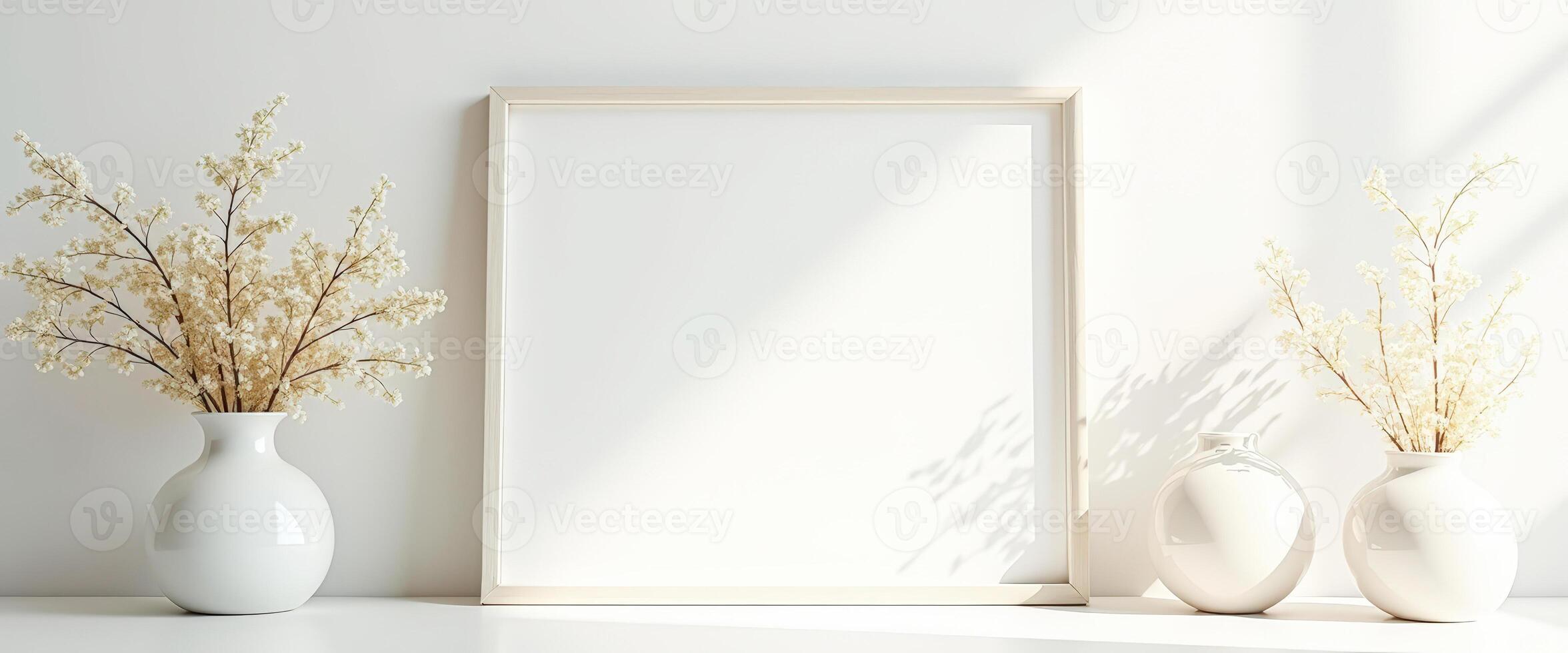Mockup of a Blank Frame on a White Shelf with Dried Flowers in Vases photo
