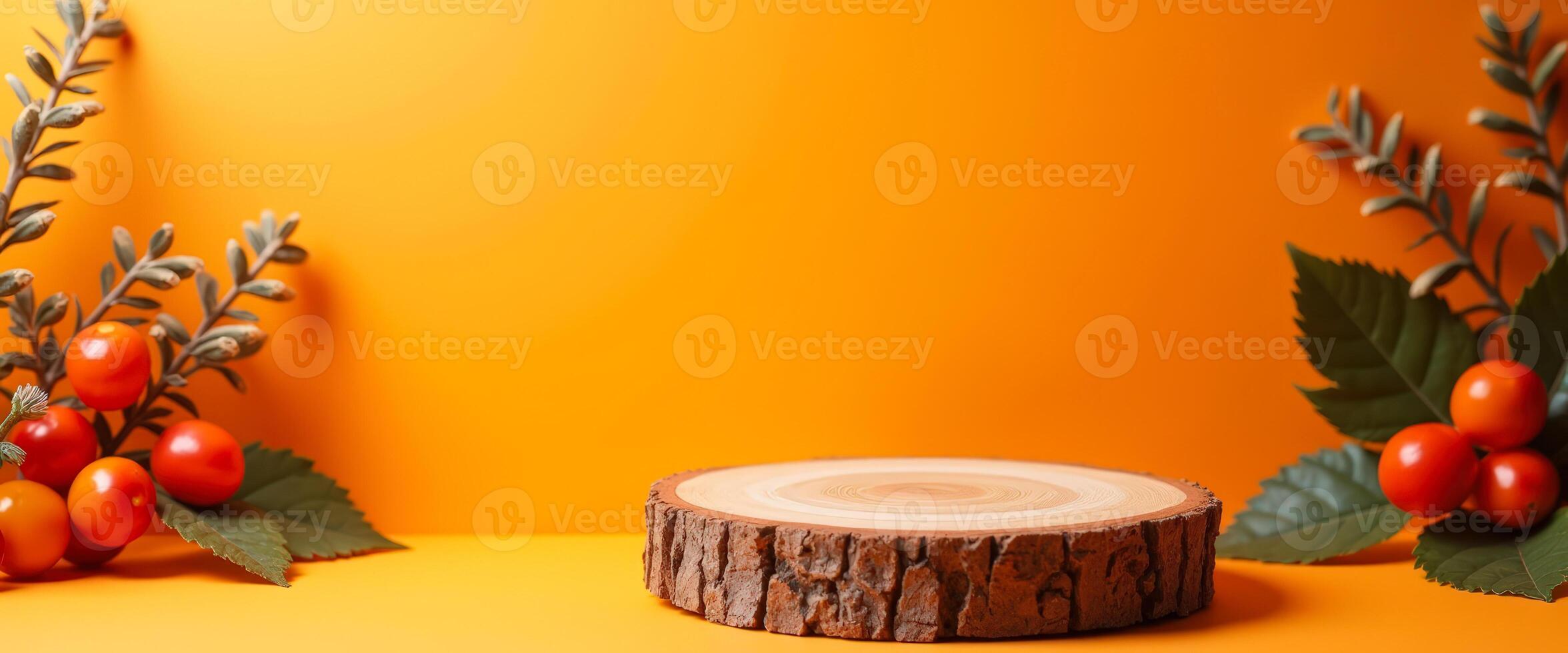 Wooden Log Podium with Orange Background and Berries photo