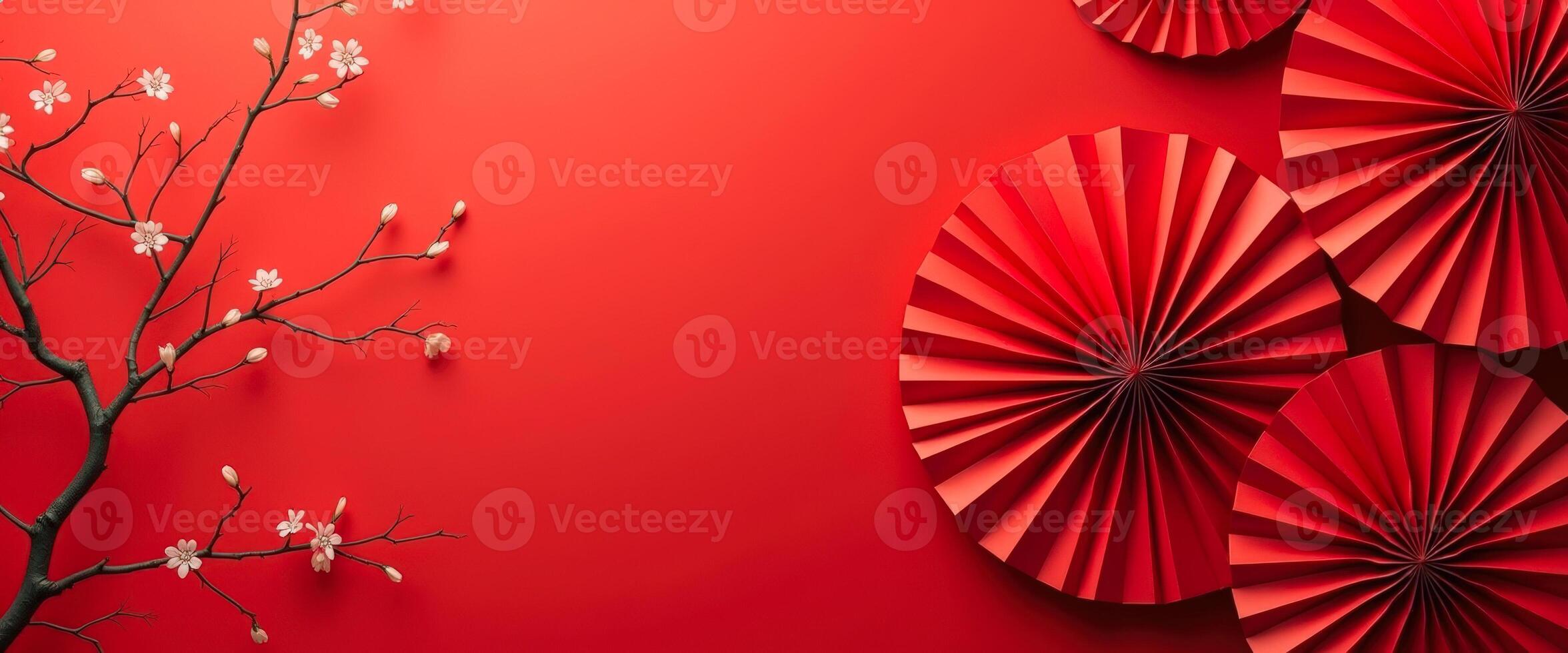 Red Paper Fans and Cherry Blossoms on Red Background photo
