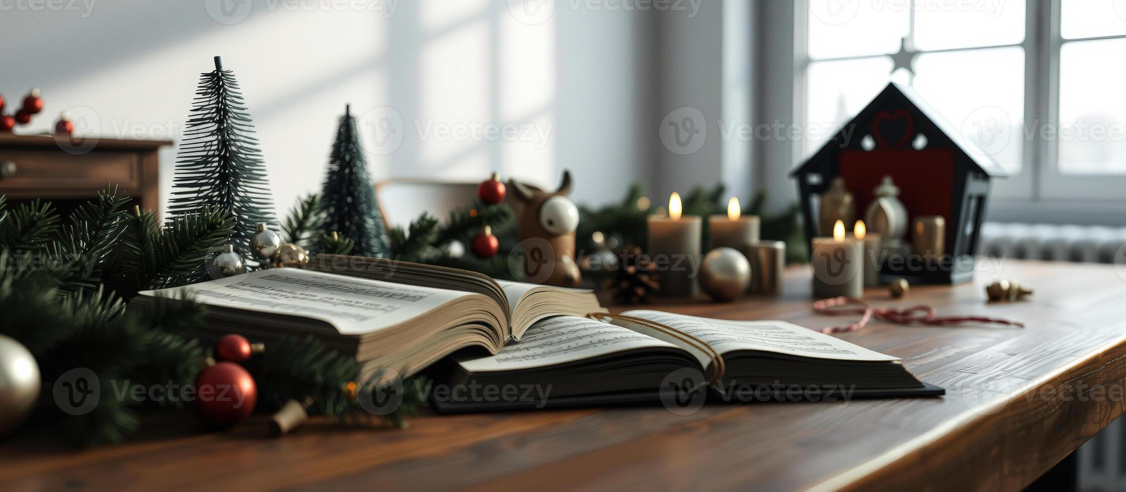 Christmas Carols and Decorations on a Wooden Table photo