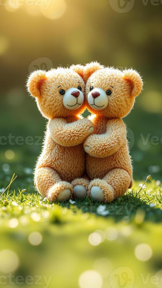 Two Teddy Bears Embracing in a Meadow photo