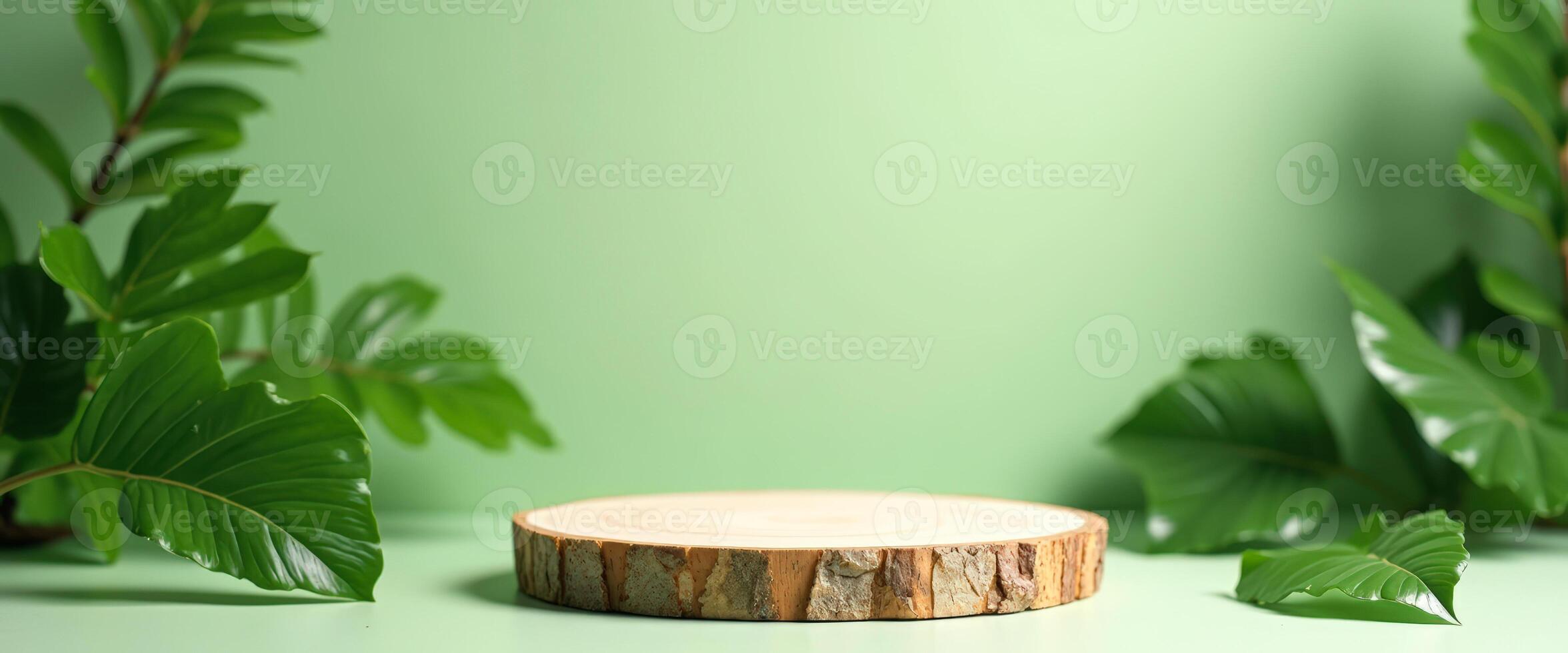 Natural Wooden Platform with Green Leaves on a Green Background photo