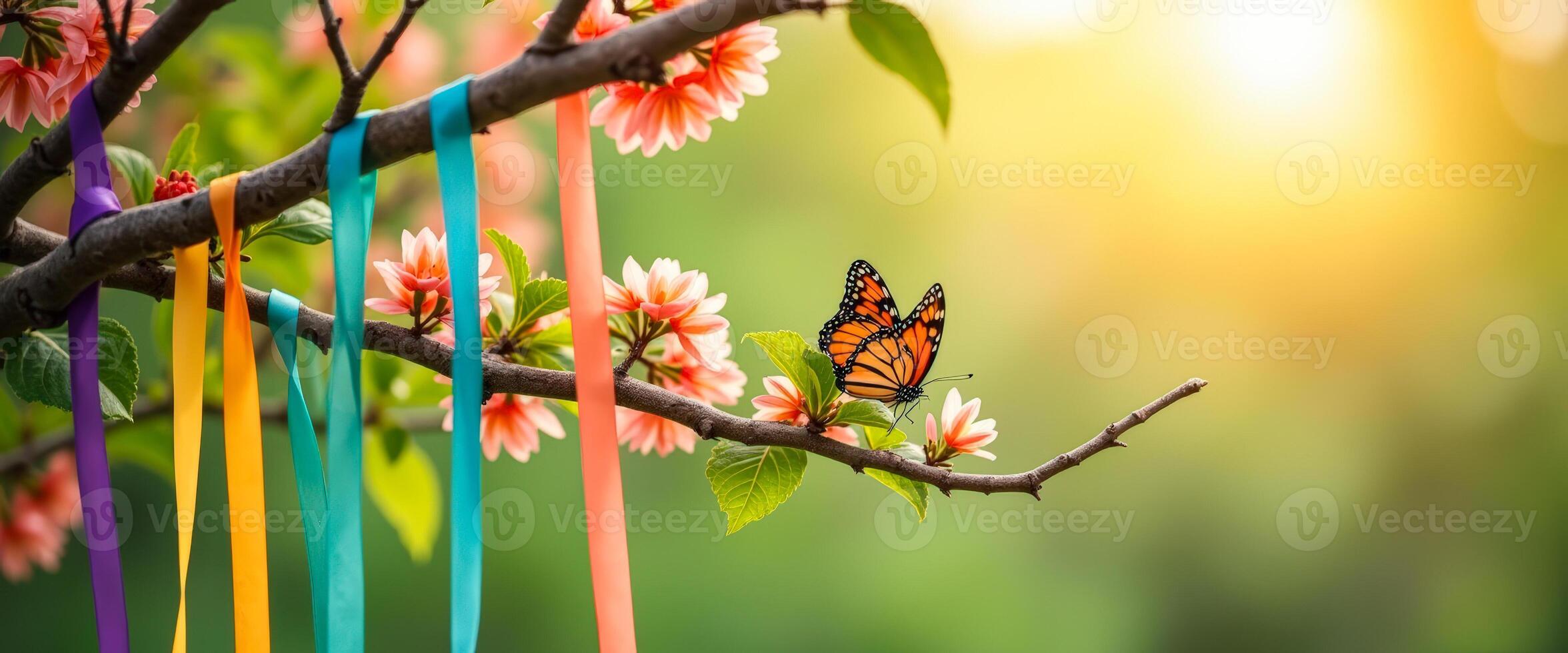 Butterfly on a Branch with Colorful Ribbons photo