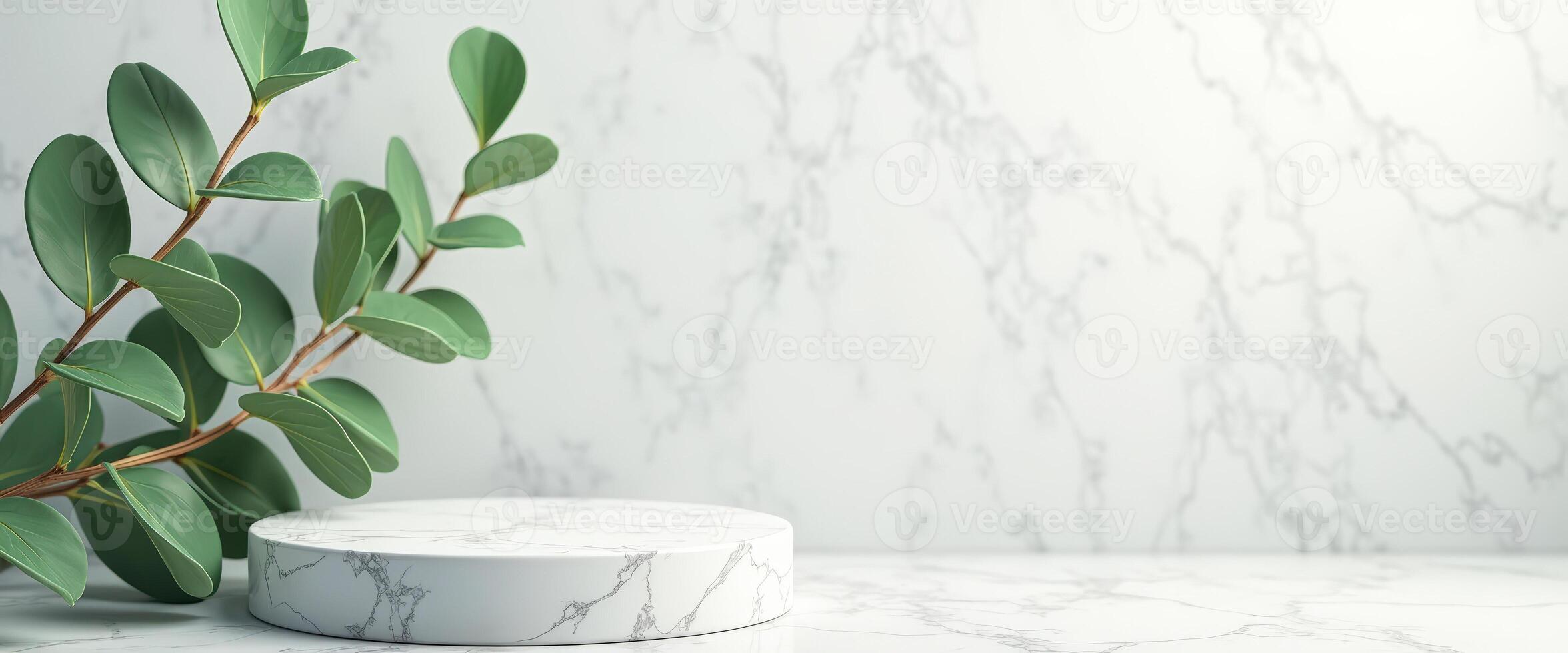 Minimalist Product Display with Green Foliage and Marble Platform photo