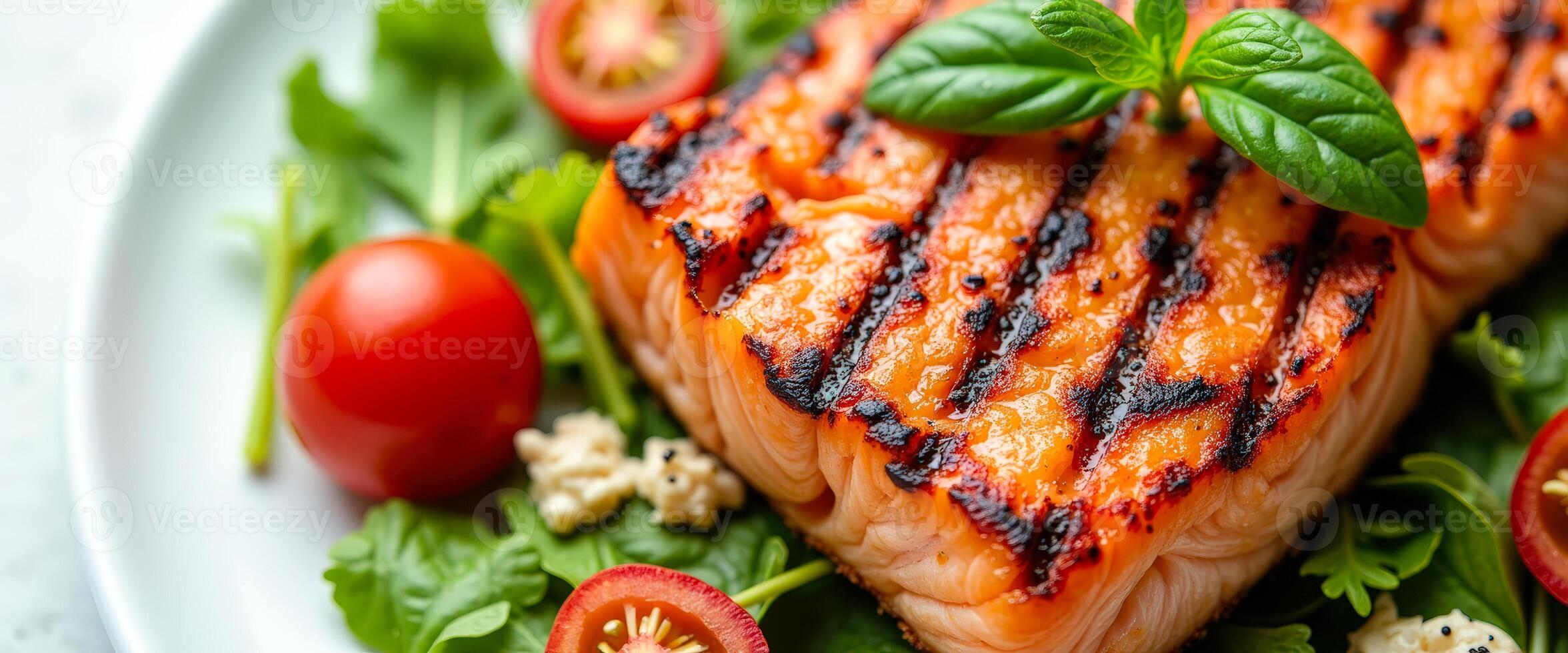 Close up of Grilled Salmon with Fresh Tomatoes and Basil photo