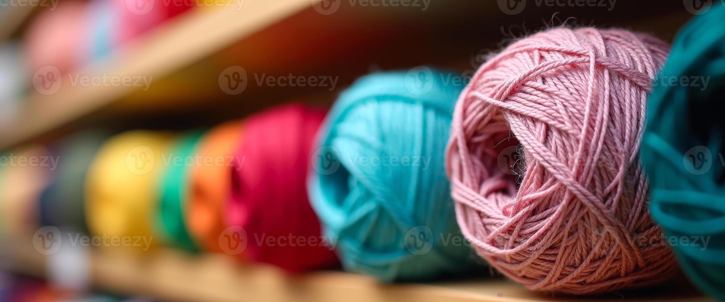 Colorful Yarn Balls On Wooden Shelf photo