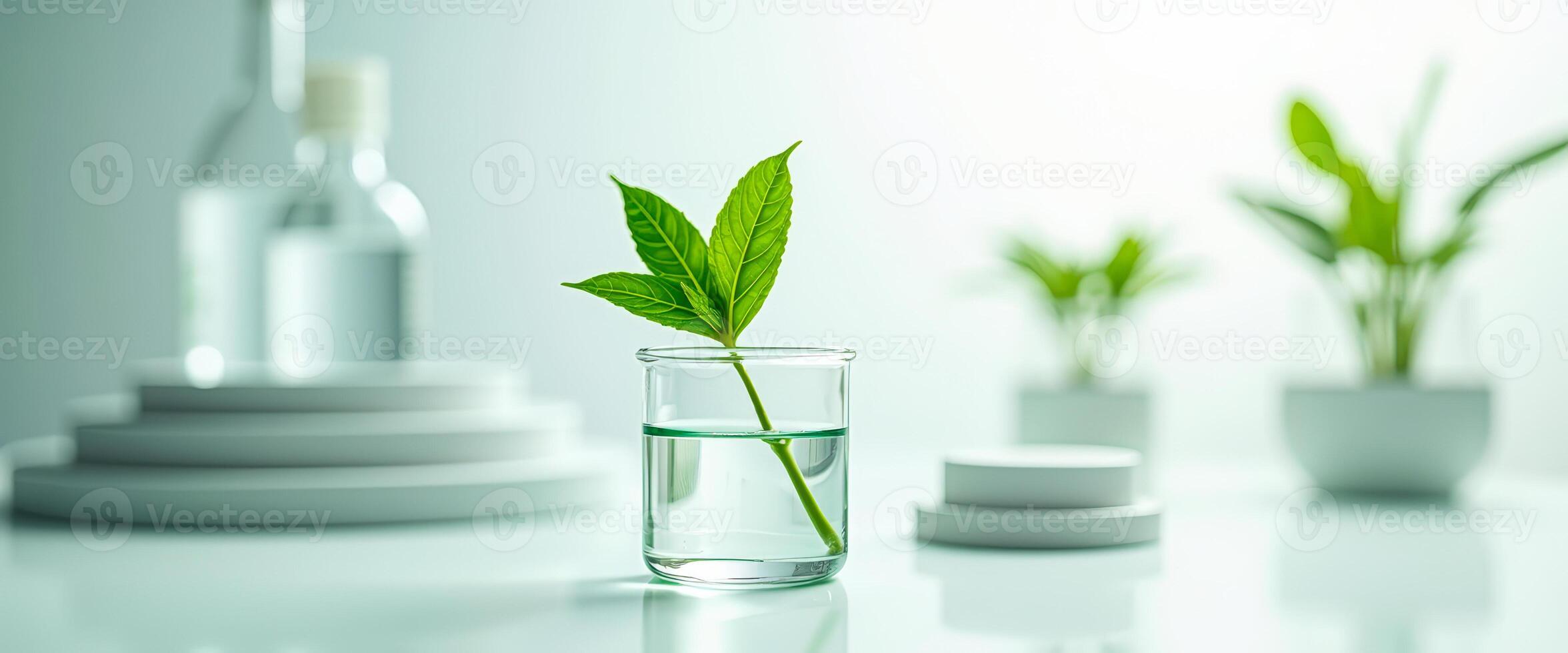 Green Leaf in Glass Beaker with Water photo