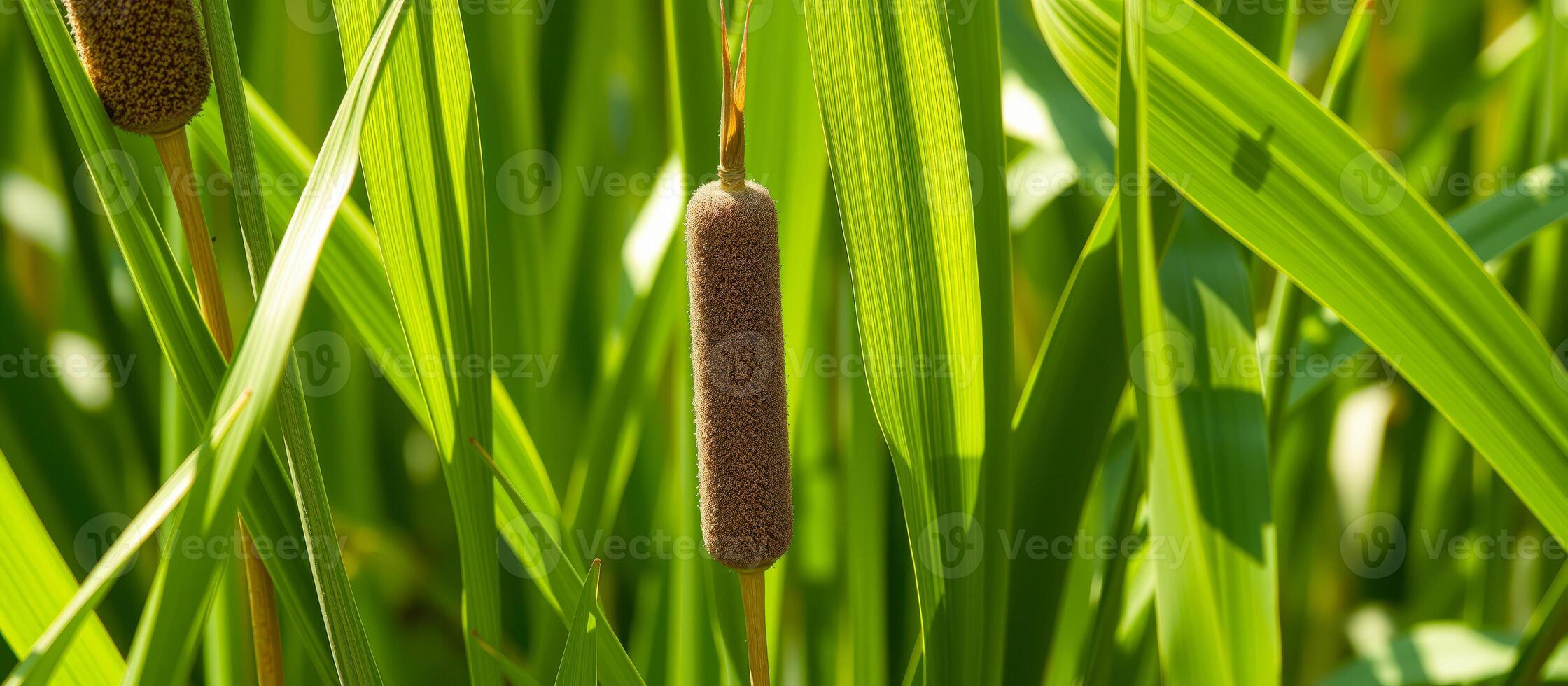 Close-up of a Cattail in a Lush Green Meadow photo