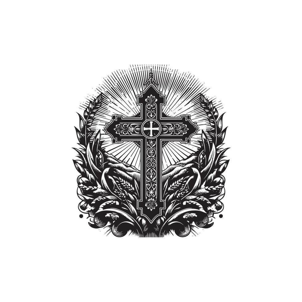 A cross with leaves and flowers in the middle vector