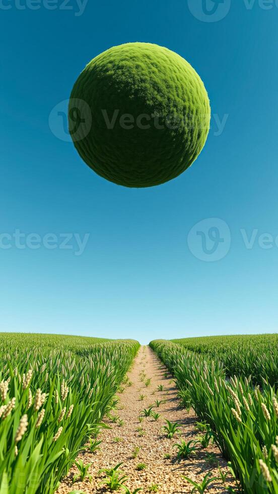 Green Sphere Floating Over Field photo