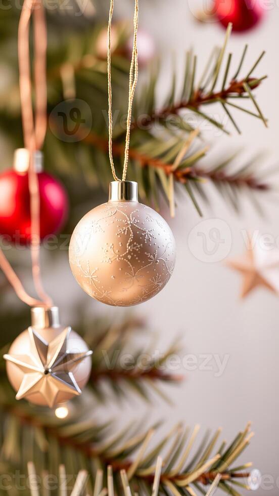 Close-up of a beige Christmas ornament hanging on a Christmas tree photo