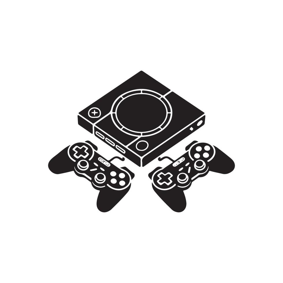 A black and white image of a game controller and a game console vector