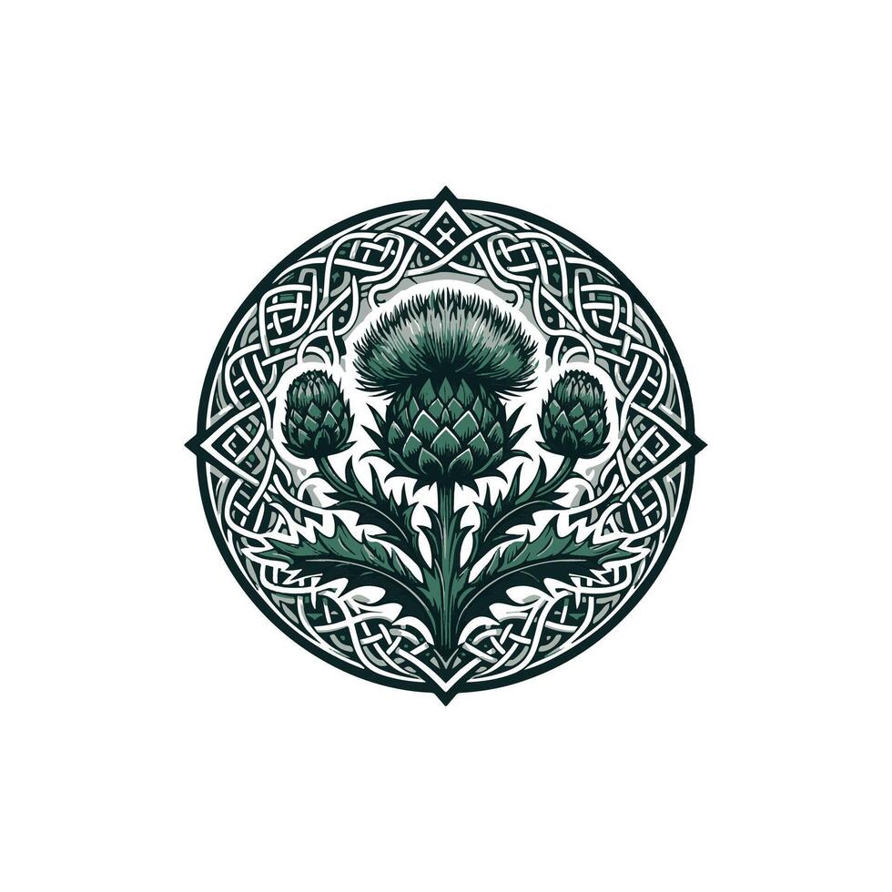 Thistle in celtic style with a green background vector