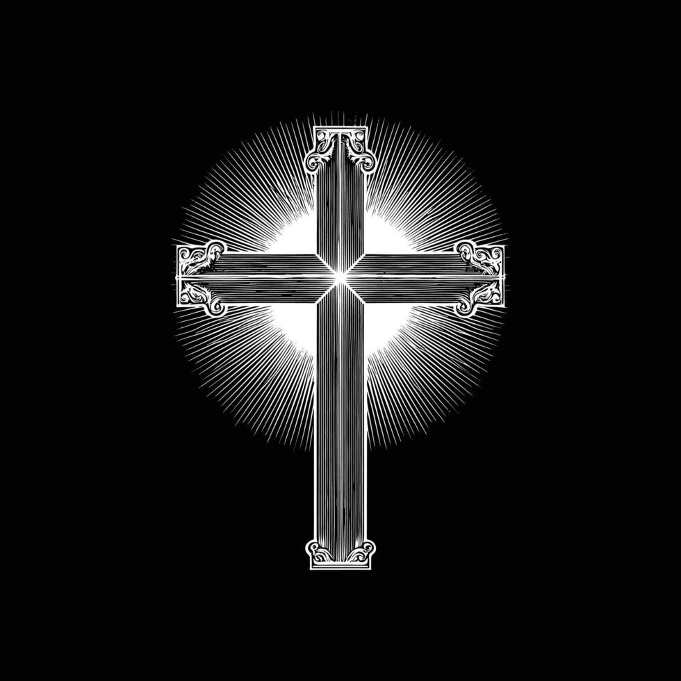 A cross with rays coming out of it on a black background vector