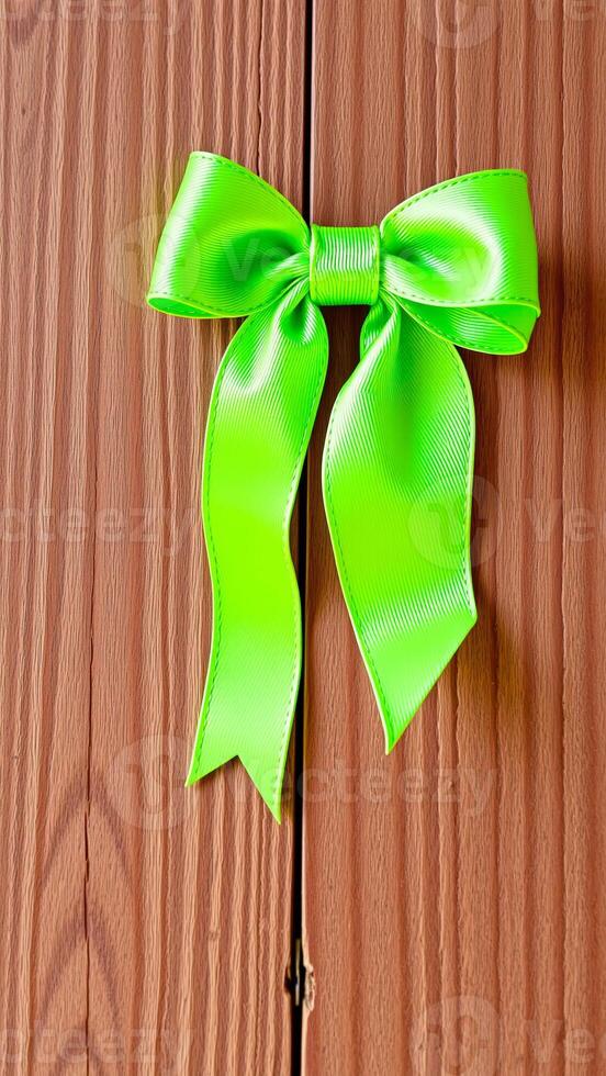 Green Bow on Wooden Background photo