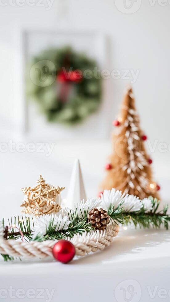 White Christmas Ornaments and Pine Garland with Pine Cone and Red Ornament photo