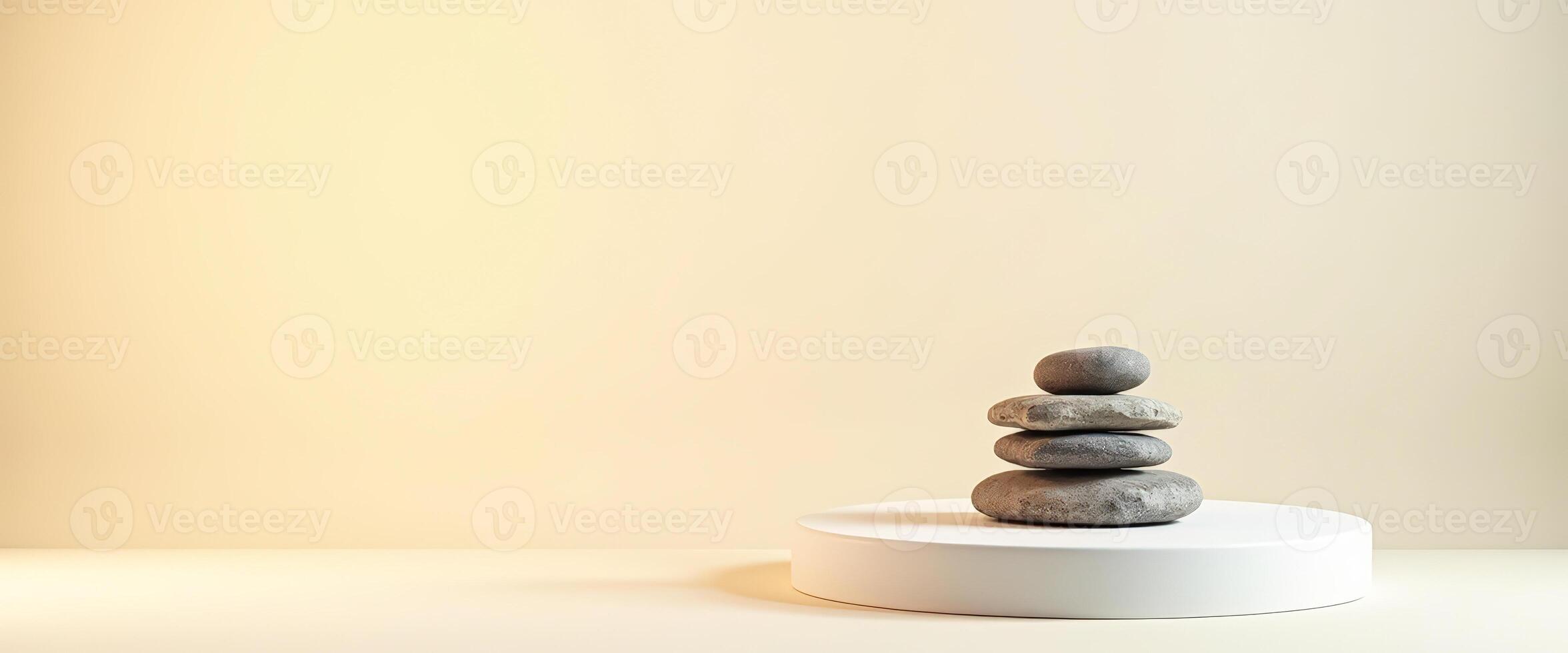 Minimalist Product Display with Stacked Stones on White Platform photo