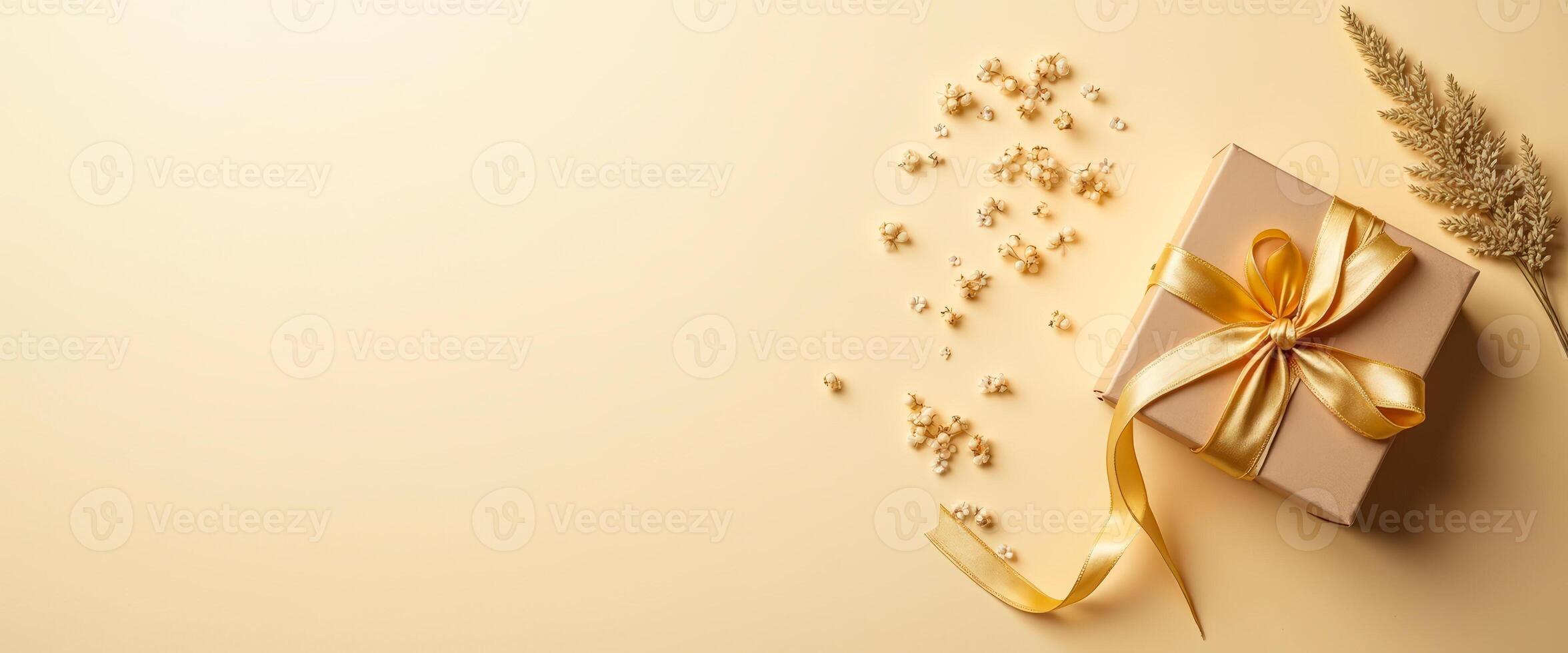 Minimalistic Gift Box with Golden Bow and Dried Flowers on Beige Background photo