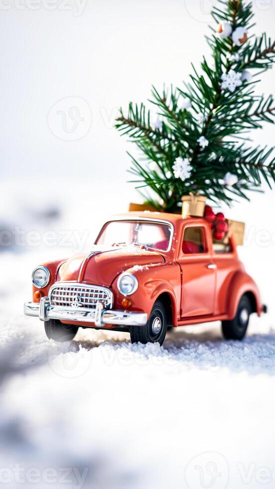 Red Vintage Car with Christmas Tree on Top of it in Winter photo