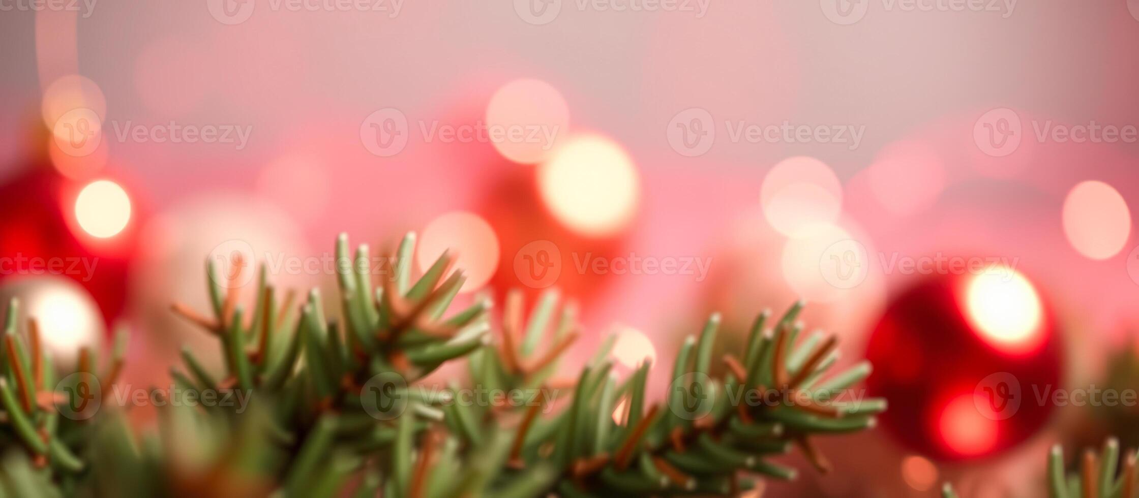 Closeup of Pine Needles with Red and White Ornaments Out of Focus in the Background photo