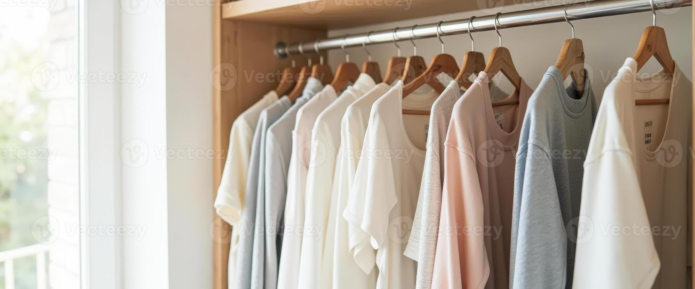 Simple Wardrobe With White, Light Blue, and Light Pink Clothes photo