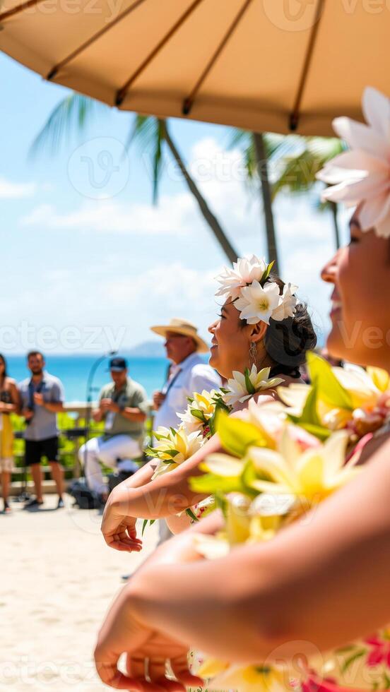 Two Women Adorned with Flowers Under a Beach Umbrella photo