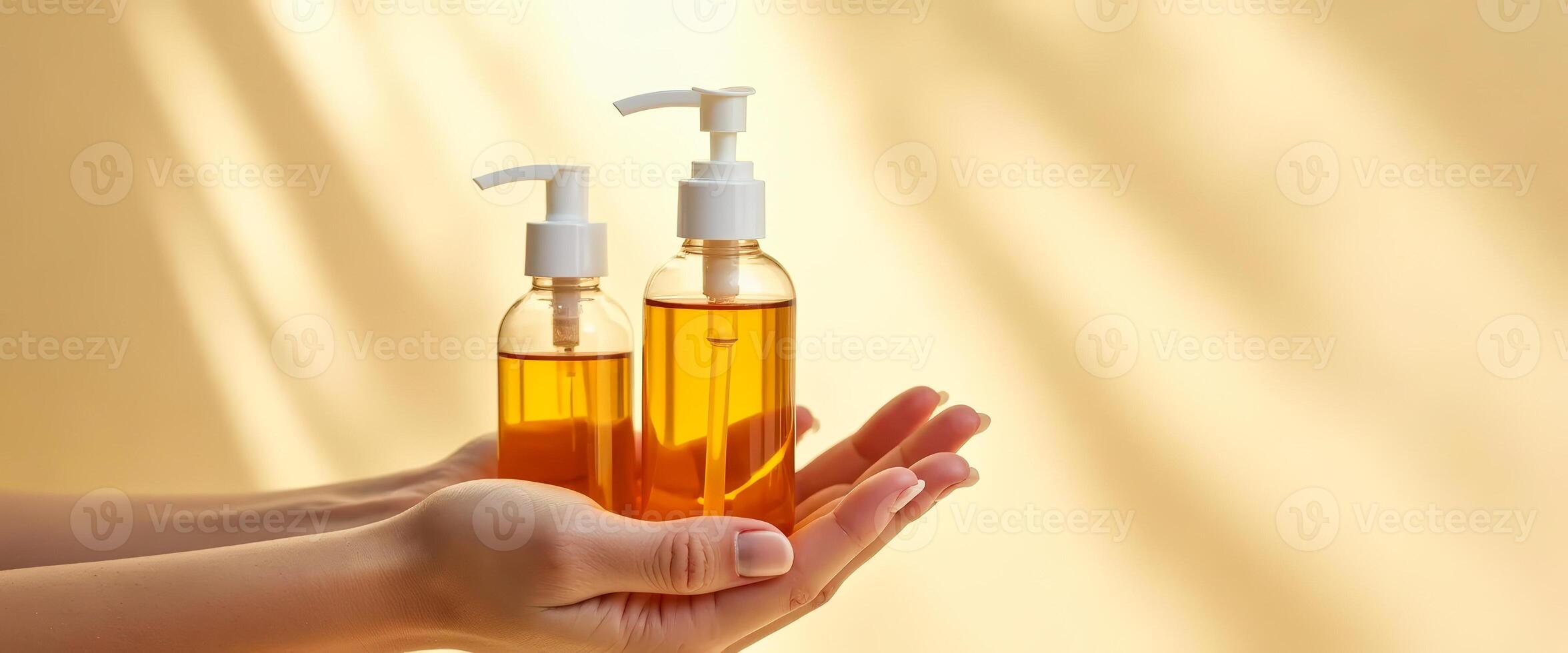 Two Bottles of Golden Liquid in Hands photo