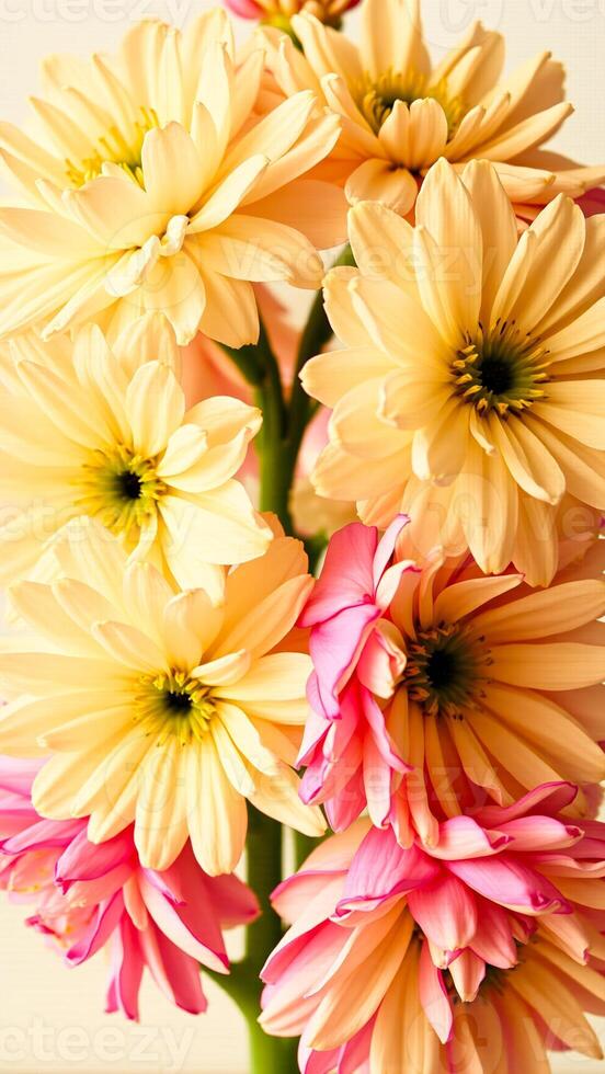 Close up of Pastel Pink and Yellow Flowers photo
