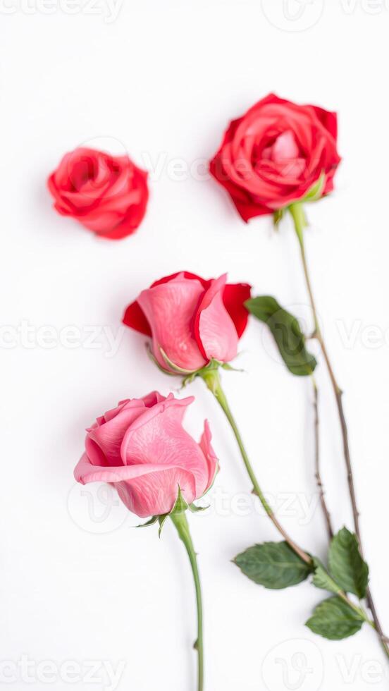 Pink and Red Roses on White Background photo