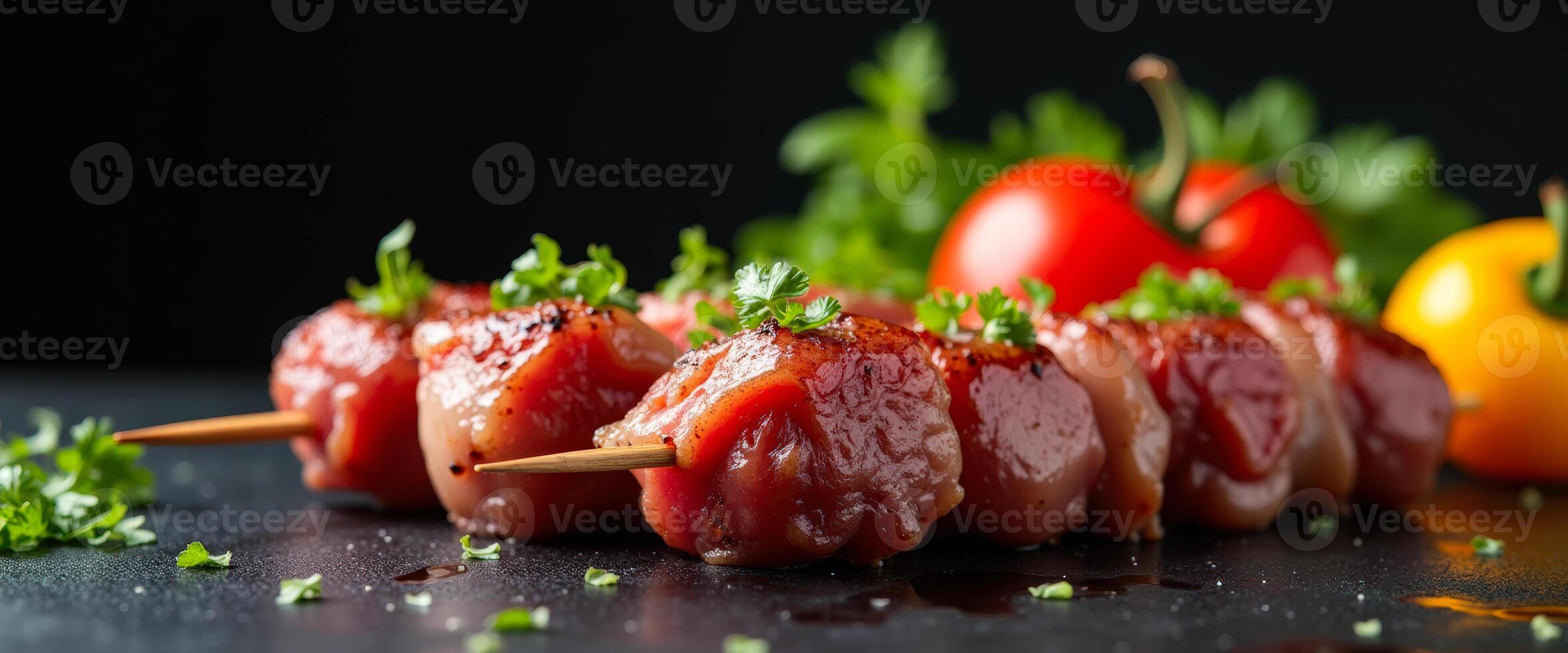 Close Up of Skewered Meat with Parsley and Tomatoes photo