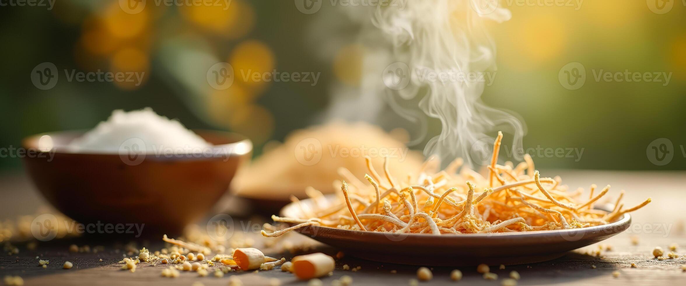 Steaming Cordyceps Mushrooms in a Bowl on a Wooden Table photo