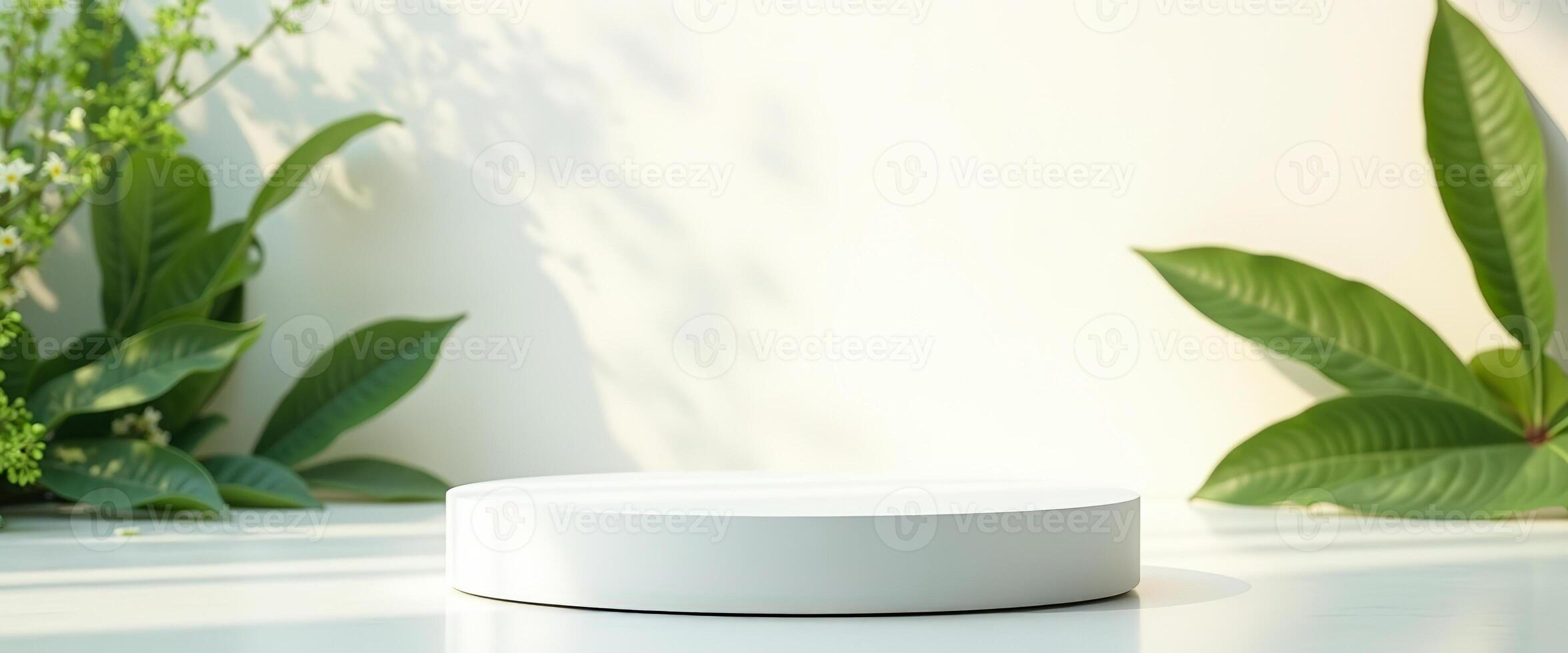 White Cylinder Podium with Green Leaves and Sunlight photo