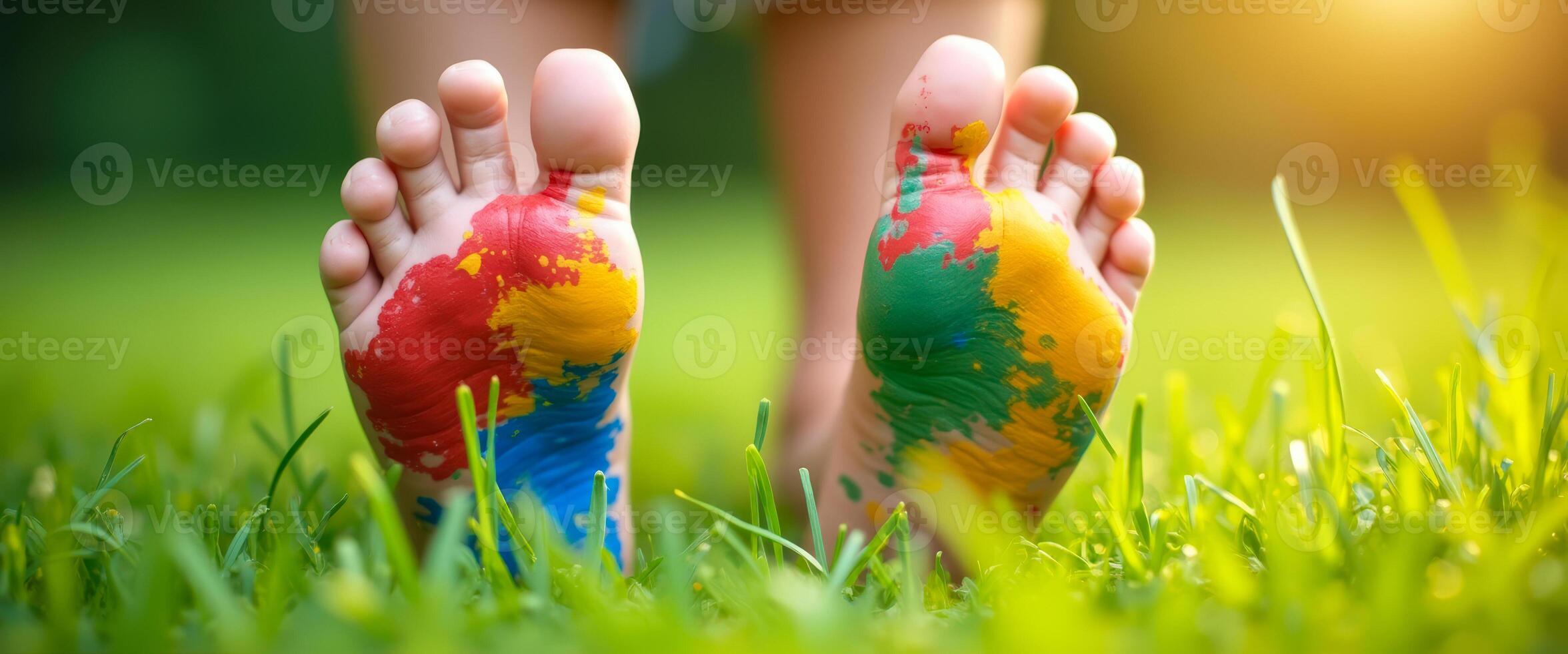 Colorful Footprints In Green Grass photo