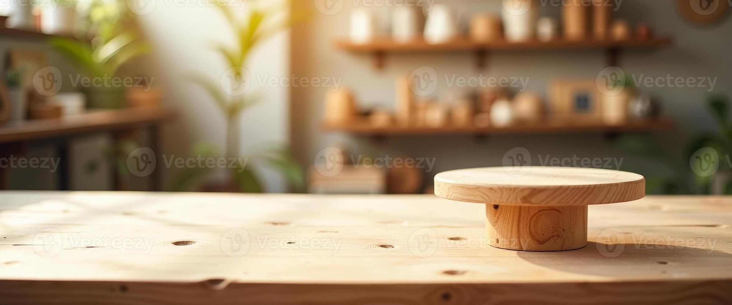 Wooden Pedestal on a Rustic Table with a Blurred Background photo