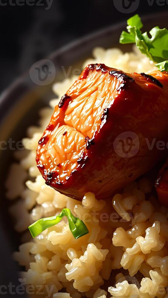 Close Up of Delicious Glazed Meat on Rice photo